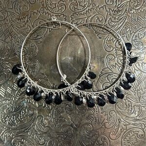 Silver Hoop Earrings with Black Faceted Beads - Women Boho Statement Jewelry